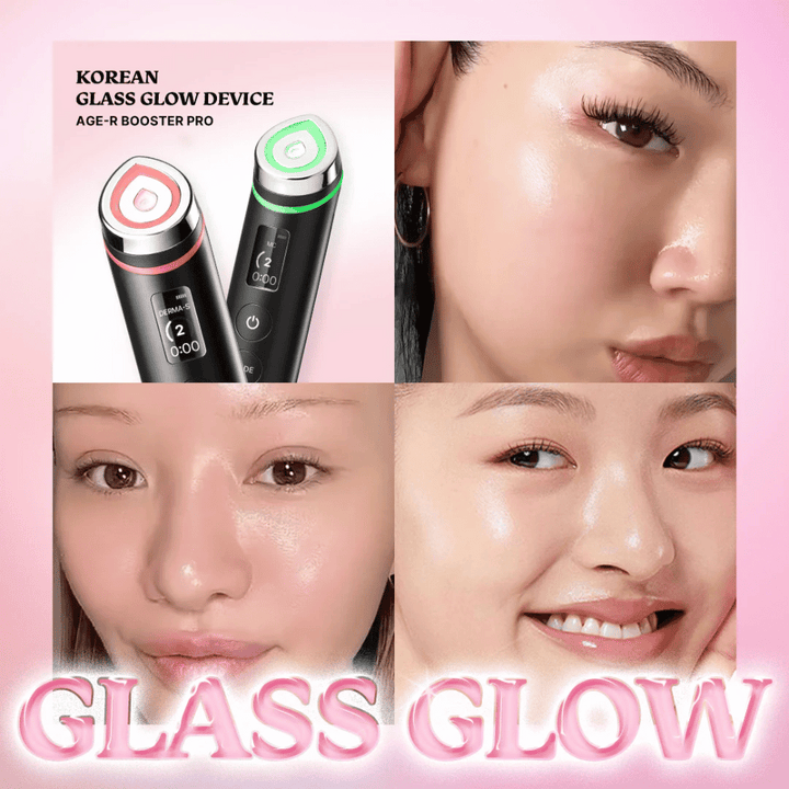 Fyra bilder visar närbilder på slät, glansig hud efter användning av Medicube Age-R Booster Pro, marknadsfört som en "Korean Glass Glow Device". Produkten framhävs för att ge en glansig och jämn hud, kallad "Glass Glow.