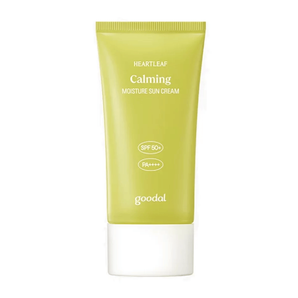 Goodal Heartleaf Calming Moisture Sun Cream med SPF50+ PA++++ 50ml och fuktgivande egenskaper.